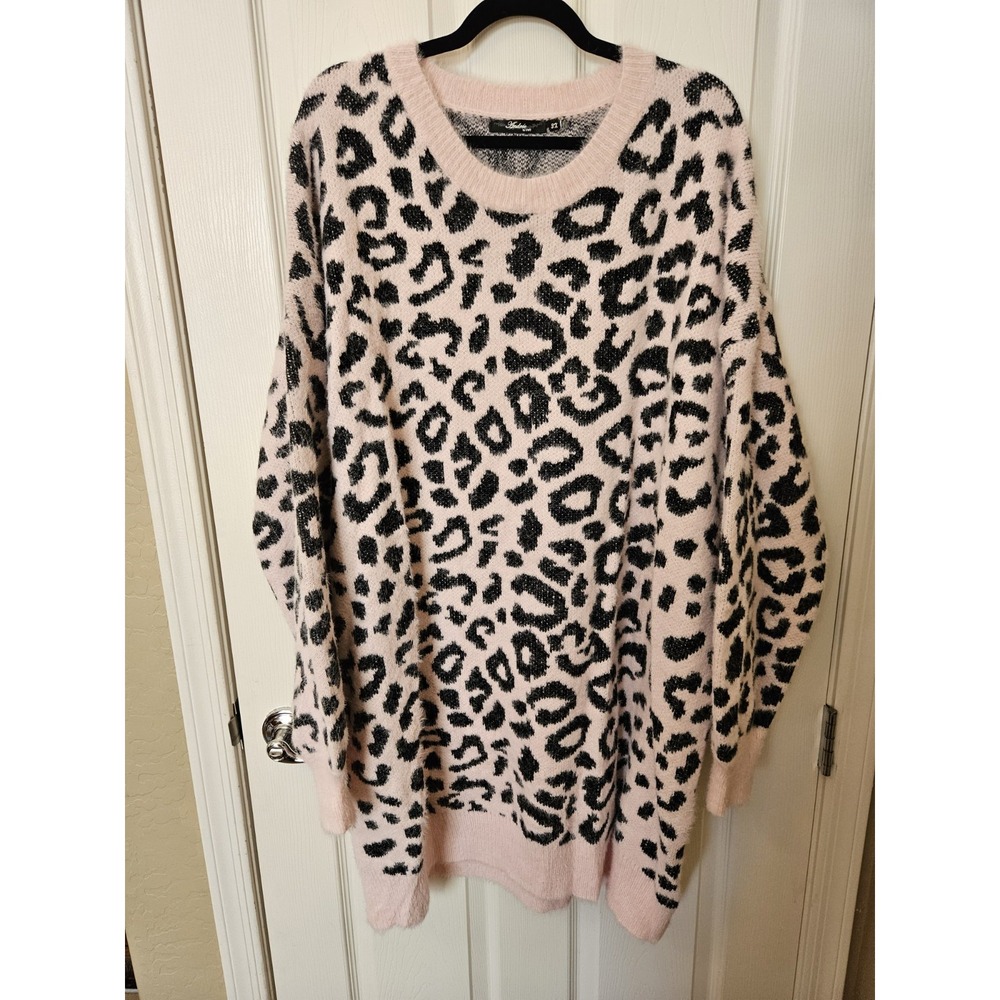 Andree by Unit Pink Black Leopard Pattern Drop Shoulder LS Sweater Pullover, +3X